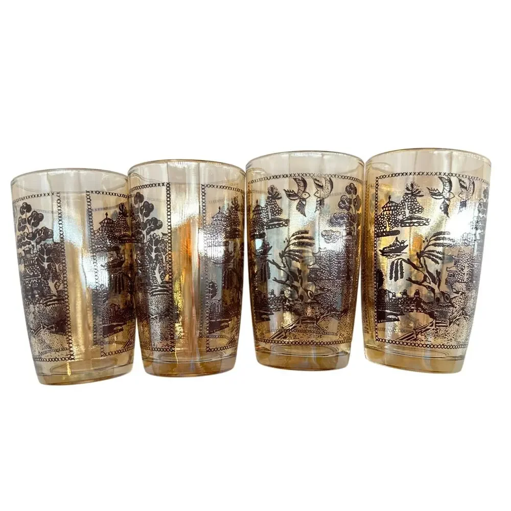 Vintage Marigold Iridescent Glasses 4 Juice 2 Water Pagoda Willow Luster MCM